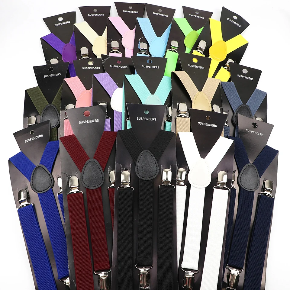 Solid Color Elastic Leather Suspenders Clip-on Buckle Men Straps Adjustable Elastic Y-Back Braces For Wedding Suit Accessories