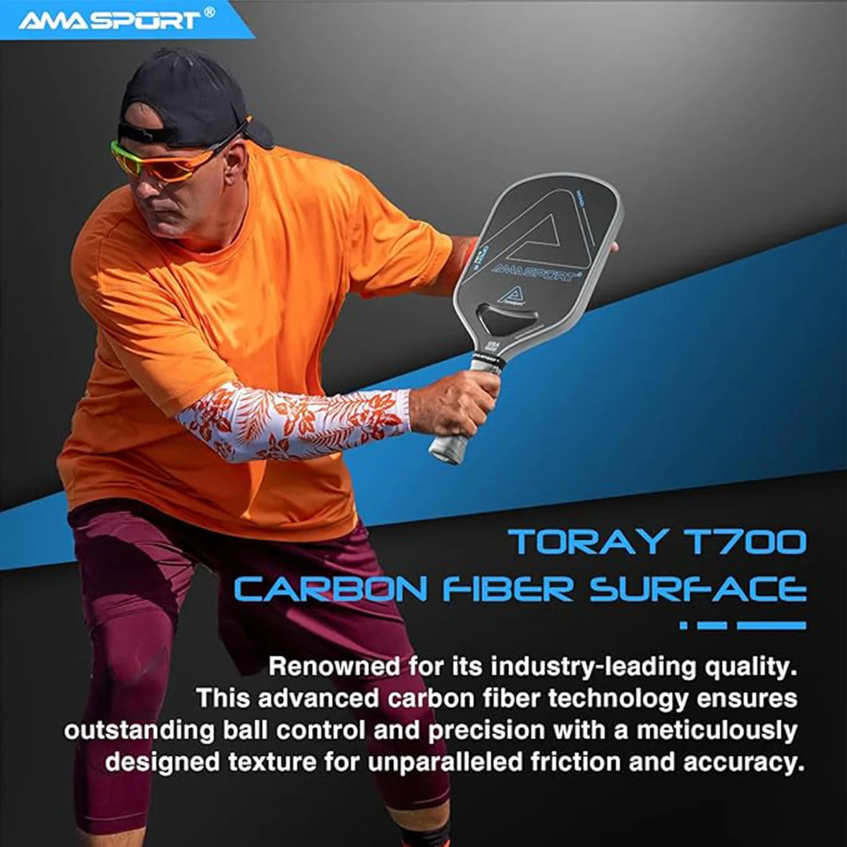 AMASPORT Pickleball Paddle Thermoformed Carbon Fiber Friction Surface PP Honeycomb Core Open Hole Design Pickleball Racket