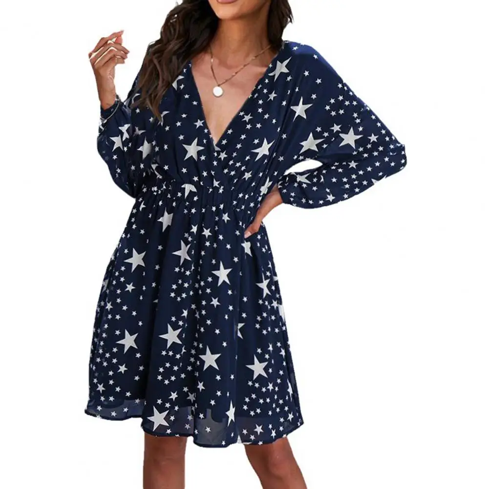 

Vintage Print Dress Starry Mesh Double Layer V-neck Dresses Streetwear with Elastic Waistband Loose Hem for Women Women Elastic