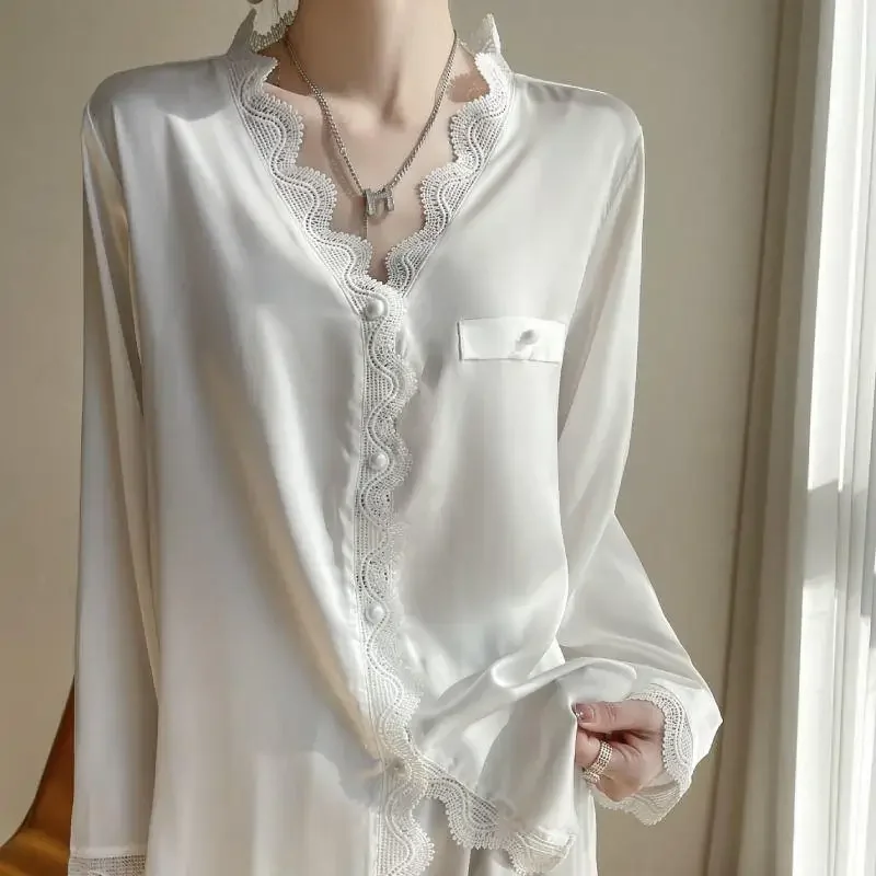 Атласные шелковые пижамы для женщин, комплект пижам с длинными рукавами, женская кружевная одежда для сна, ночная рубашка, домашняя одежда, 2 шт.