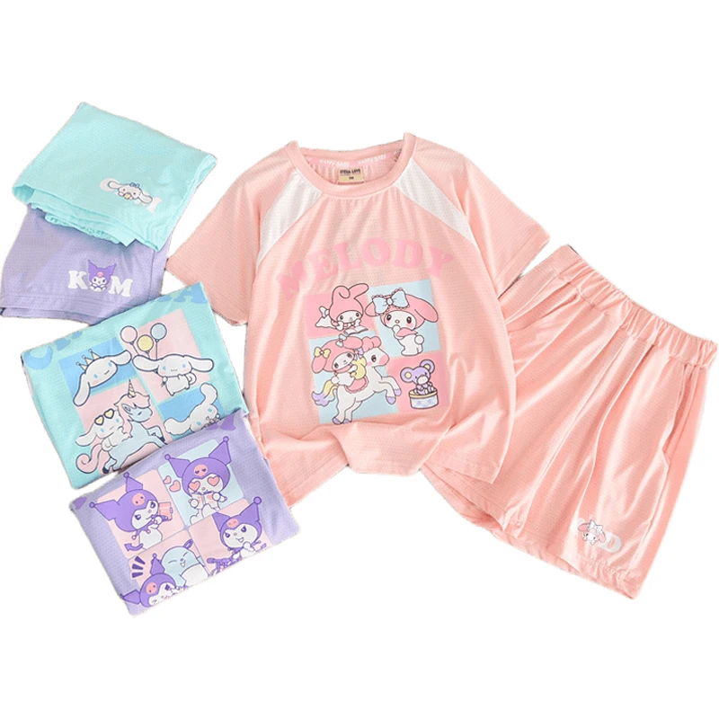 

Anime Kawaii Sanrios My Melody Cinnamoroll Kuromi Cartoon Print Short Sleeve Suit Cute Cartoon Cool Girl T-Shirt Shorts Set Gift