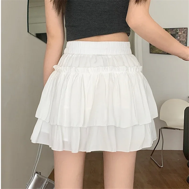 Summer Kawaii White Ruflles Skirt Women Fashion Slim Fit Mini Skirts Giris Y2k All Match Elastic High Waist Black Faldas 3