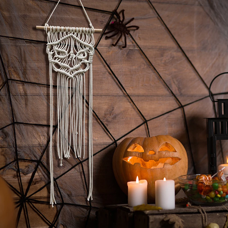 

Boho Handmade Woven Macrame Halloween Skull Tassel Tapestry Wall Hanging Decor for Home Office Bedroom Ornaments