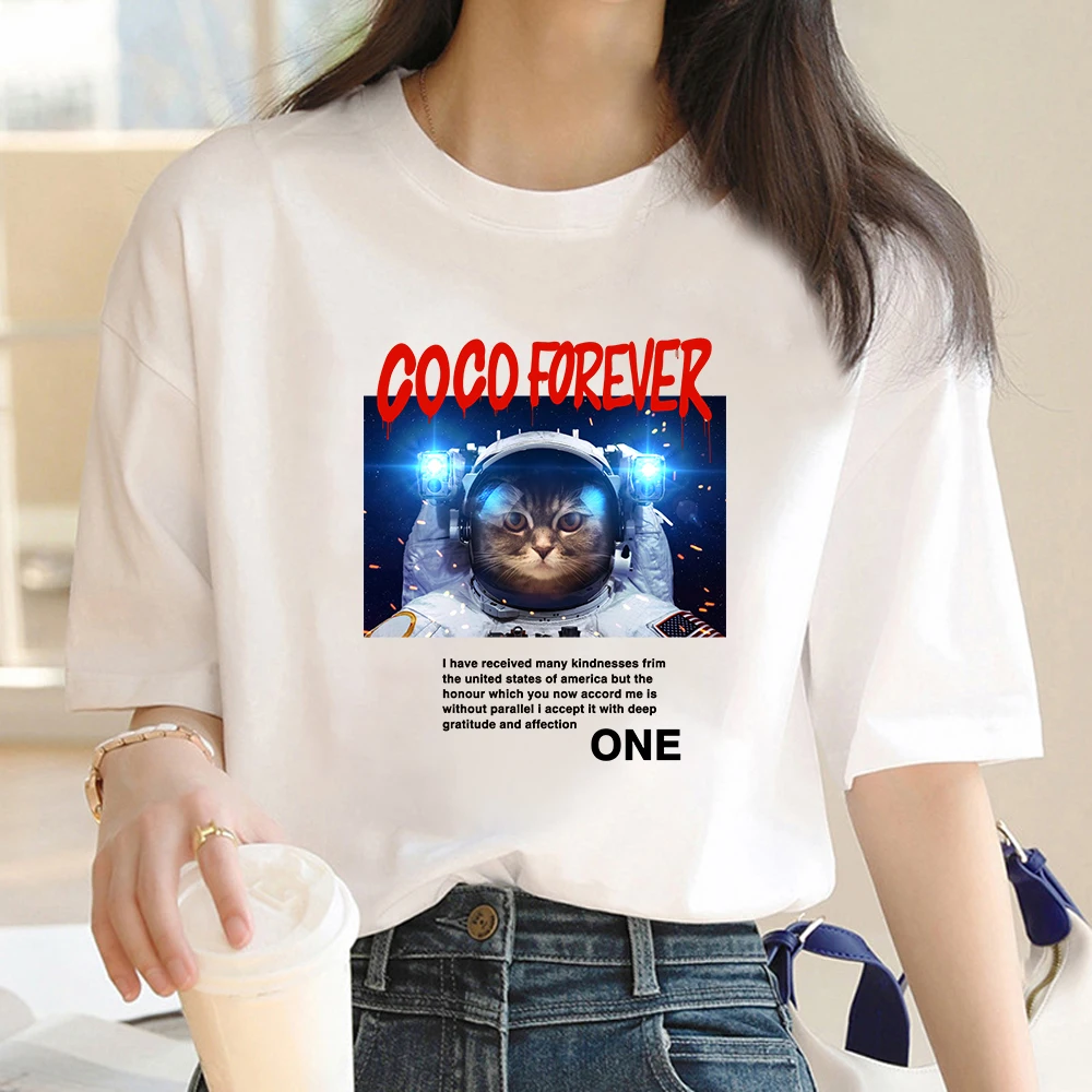 

Fashion T-shirt Aesthetic printed cat flower short sleeve T-shirt Street wear with girlfriend top women casual Harajuku women