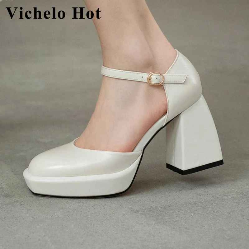 

Vichelo Hot genuine leather round toe super high heels platform beauty lady streetwear buckle strap handmade women pumps L7f8