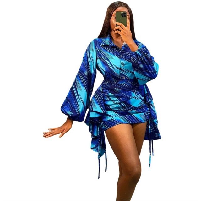 2 Piece Skirt Sets Summer And Autumn Printed Long Sleeve Shirt Blouse Pleated Mini Skirt Sheath Matching Fashion Women Outfit