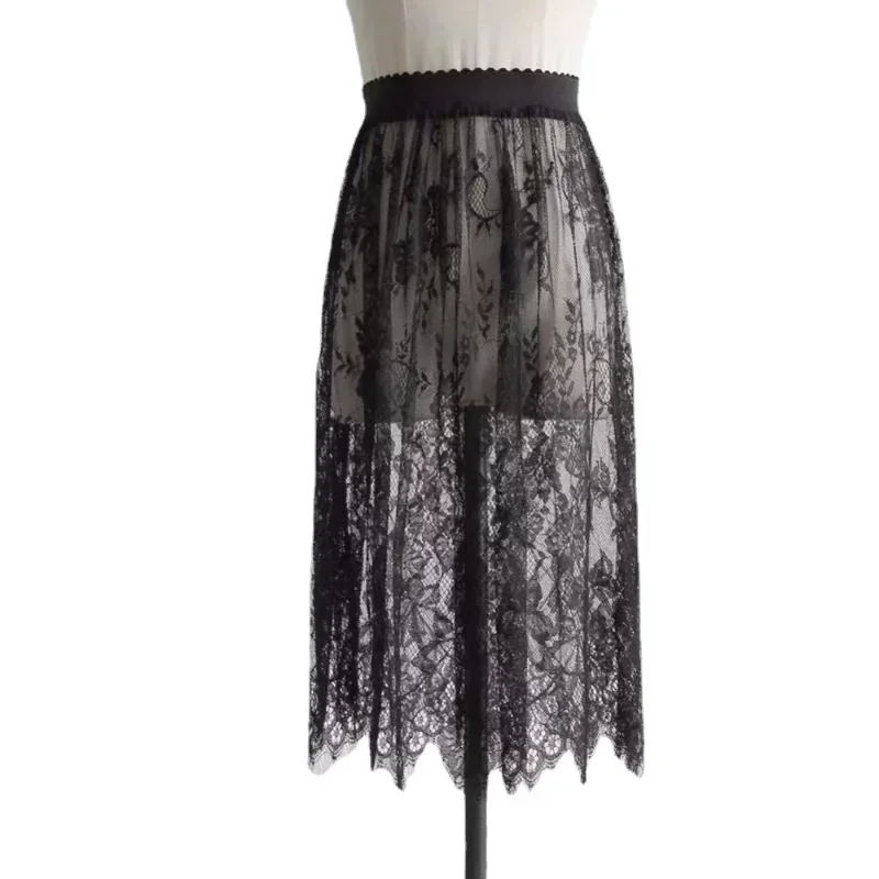 2 Length Elegant Black Skirt White Lace Transparent Long Tulle Skirt Ladies Elastic High Waist Beach Midi Skirt Drop shipping - Image 5