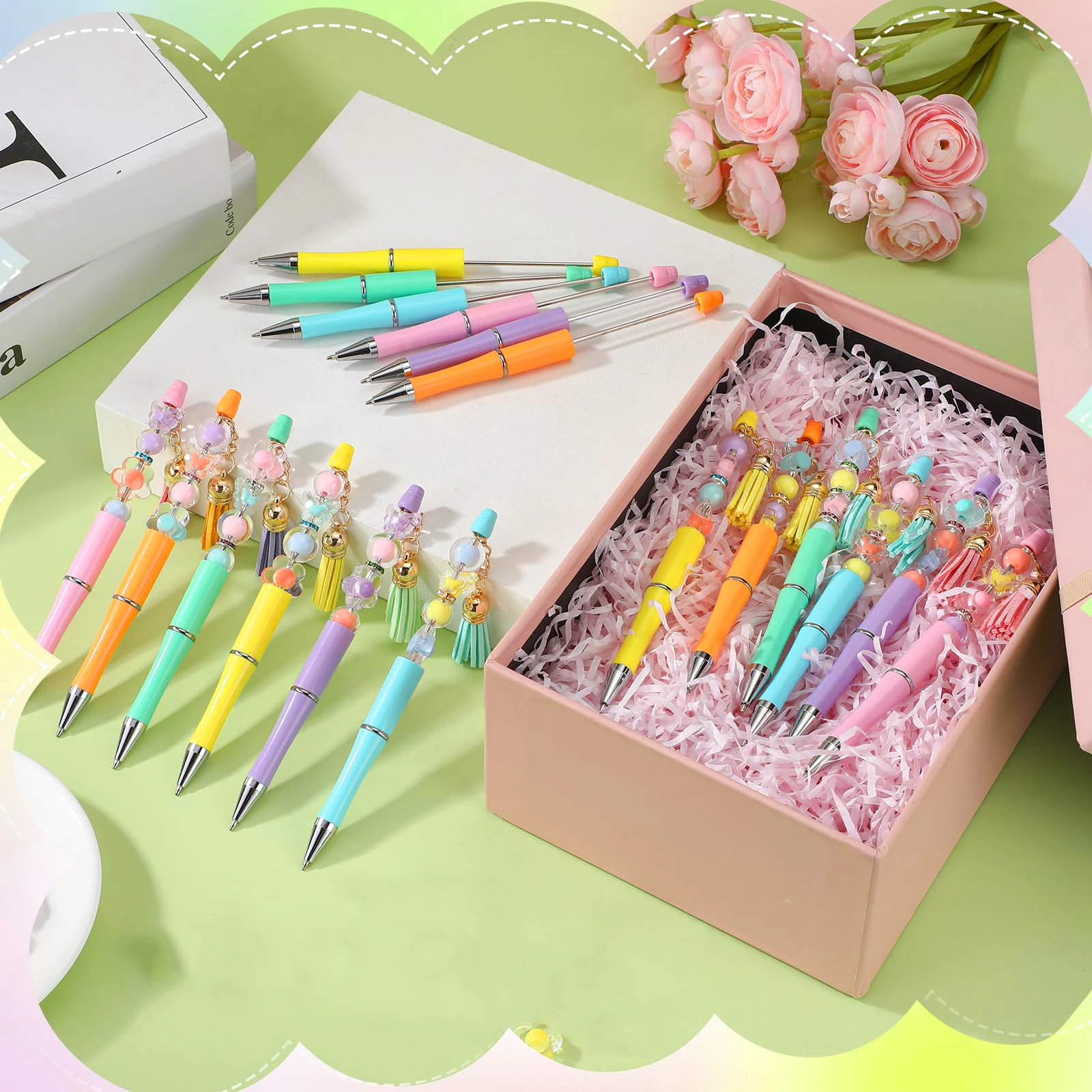 볼 포인트 펜용 플라스틱 비즈 펜, DIY 선물, 6 색 펜, 학교 사무 용품, 36 개