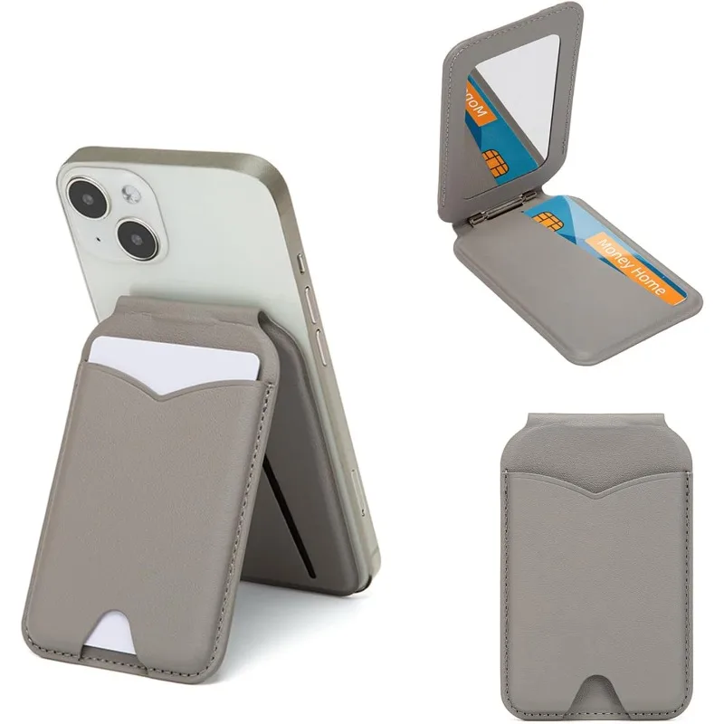 Magnetic Wallet Stand with Mirror and Adjustable Leather Kickstand Card Holder