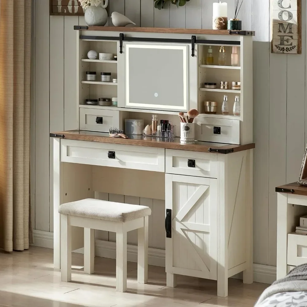 Sliding Mirror and Lights Glass Tabletop Vanity Table with Drawers Shelves Rustic Big Vanity Set for Bedroom Stool Included