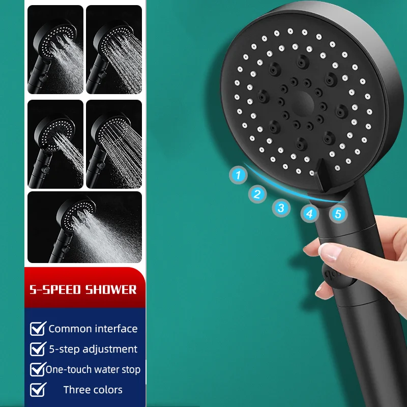 

New Black Shower Head Water Saving 5 Mode Adjustable Massage One-key Stop Button Shower High Pressure Bathroom Accessories