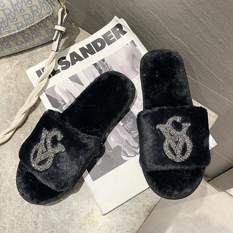 2023 Slippers Women House Slippers Warm Slippers Women Winter Crystal Fur Home Shoes For Women Slippers Casual Plush Comfortable