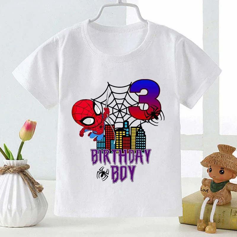 Spidermans Birthday Number T-shirt Boys Marvels Superhero Cartoon Tee Summer Short Sleeve T-shirts 1-9 Age White Tshirt Kid Gift 5