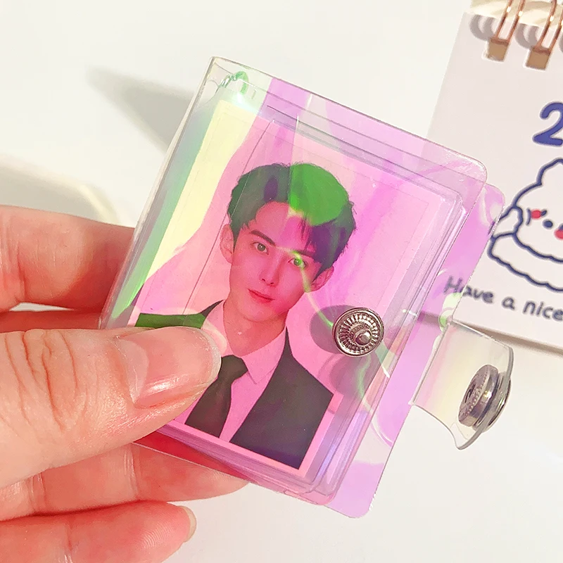 2 Inch Mini Photo Albums PVC Laser Cover Idol ID Photo Collection Book Kpop Photocard Holder with Keychain Bag Pendants card storage box