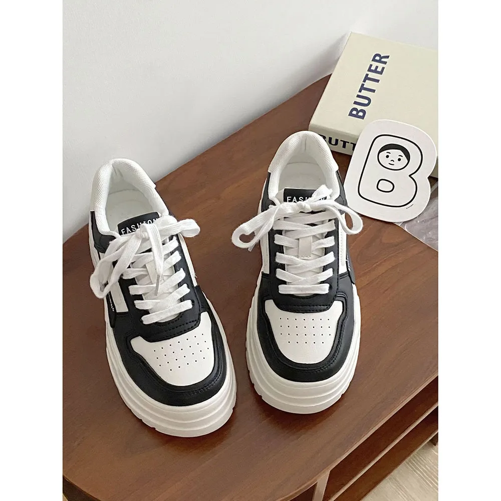 2024 Spring New Breathable Casual Women Shoes with Inner Height of 6cm Thick Sole Shoes and Leather White Sports Shoes 24-177