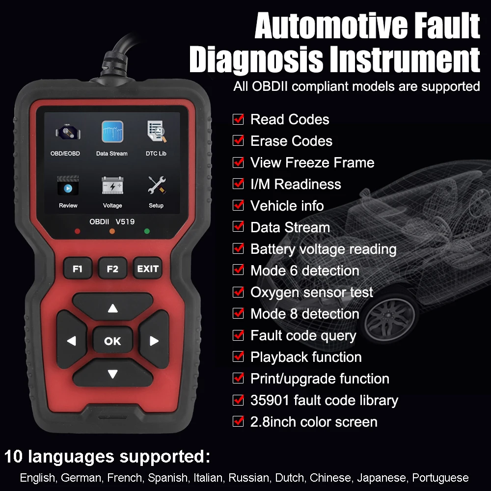 

12V OBD2 Scanner V519 ELM327 Car Battery Tester OBDII Diagnostic Tools Code Reader Instrument Ignition Detector Auto Accessories