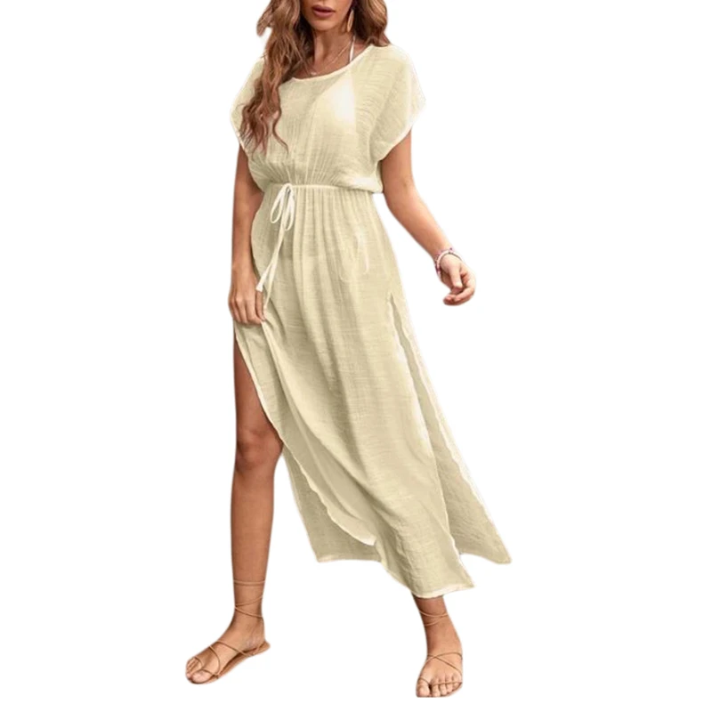 sheer bathing suit cover up Women Bikinis Cover Up Solid Color Short Sleeve Round Neck High Waist Split Drawstring Long Dress Bathing Beachwear Smock Female bathing suit cover Cover-Ups