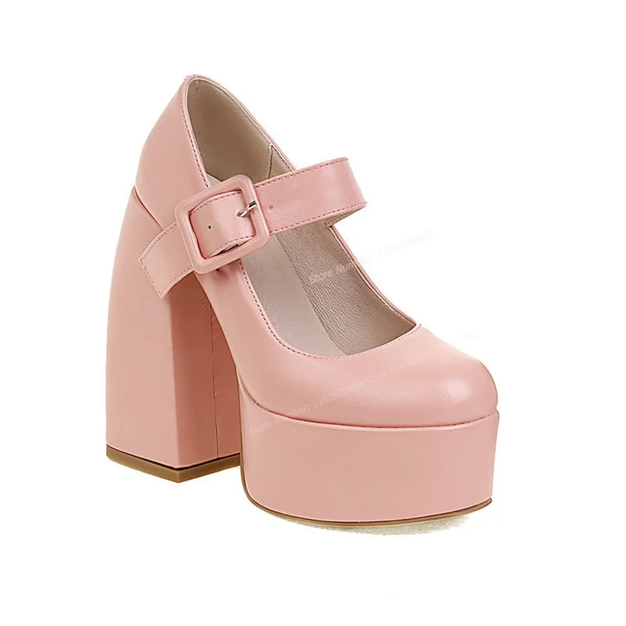 

Pink Matte Leather Platform Pumps Ankle Strap Decor Round Toe Shoes for Women Square High Heels Shoes 2023 Zapatos Para Mujere