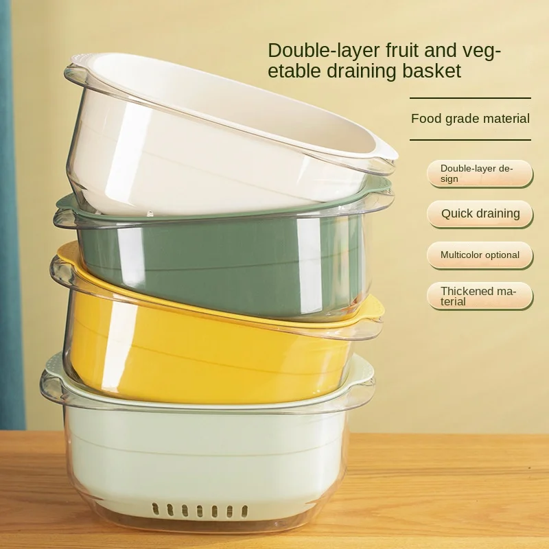 Double-Layer Draining Basket Fruit Basket Vegetable Washing Basin Household Kitchen Vegetable Washing