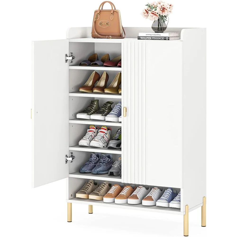 

Shoe Cabinet for Entryway: 6-Tier Shoe Organizer Cabinet Narrow Slim, Freestanding Wood Shoe Rack with Doors Adjustable Shelves