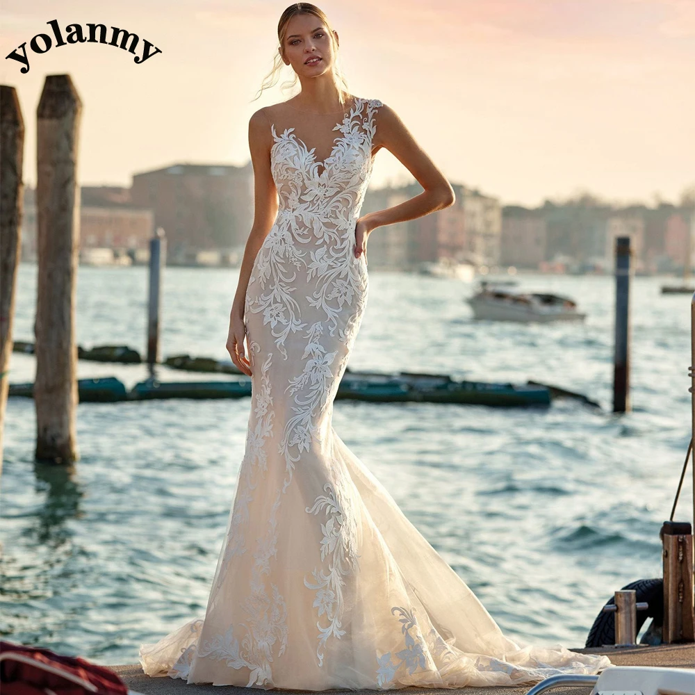 

YOLANMY Mermaid Wedding Dresses Sleeveless Illusion Deep V-Neck Appliques Lace Vestidos De Novia Personalised Drop Shipping