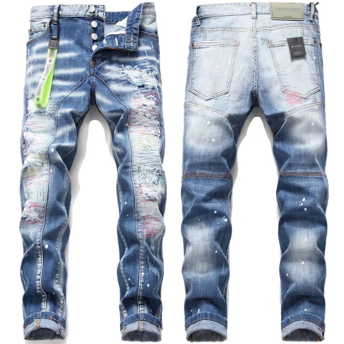 

new men's skinny jeans ripped applied-fabric stretch blue slim waist patchwork beggar pants