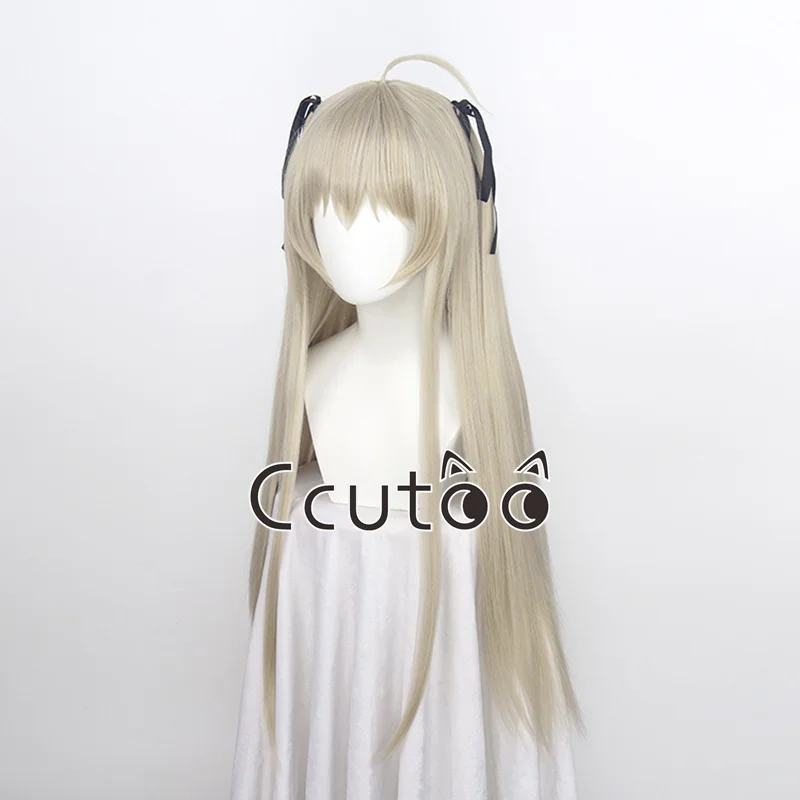 Anime Kasugano Sora Cosplay Wig 70cm Long Straight Light Grey Golden Heat Resistant Hair Wigs + Silk Black Ribbon