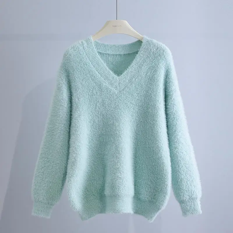 

Casual Loose Women Cashmere Sweater Mink Warm Woman Pullovers And Sweaters V Neck Elegant Christmas Knitwear Oversized