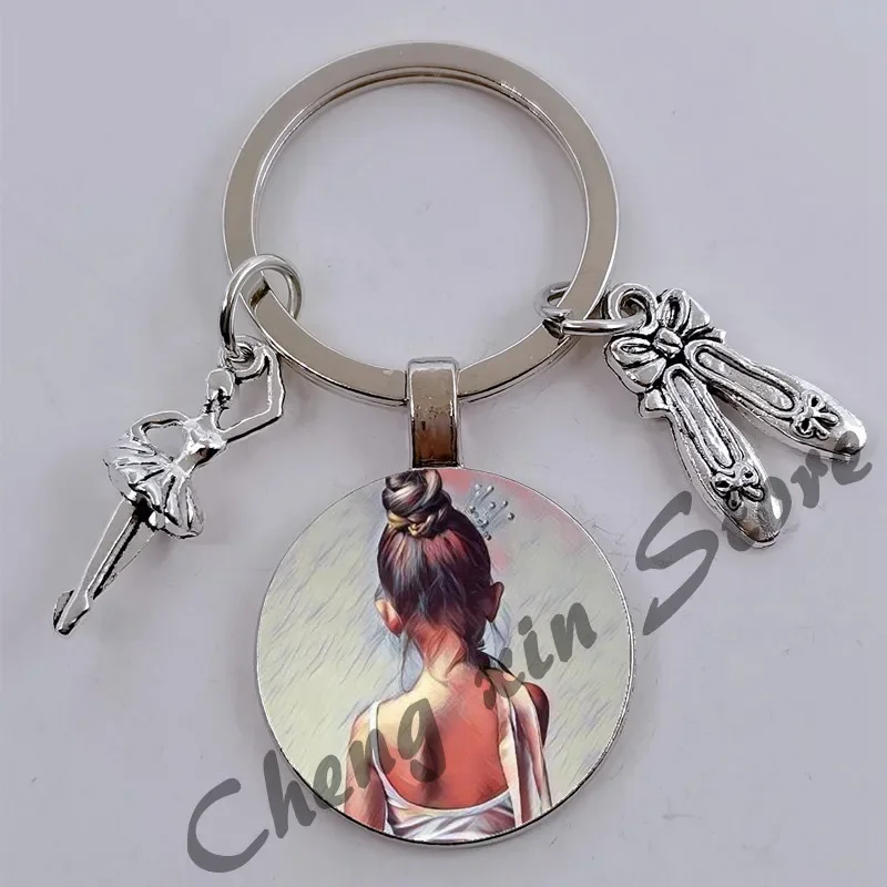 DIY ballerina keychain glass convex ballerina girl oil painting dancing dancer silhouette keychain jewelry gift