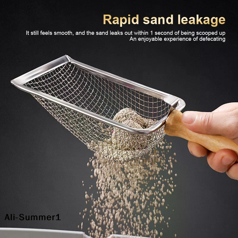 Katzenstreuschaufel mit Holzgriff und Metallkelle mit Haken, tragbar, aus Edelstahl, zum Reinigen der Katzentoilette, Haustierprodukte_voghion.com
