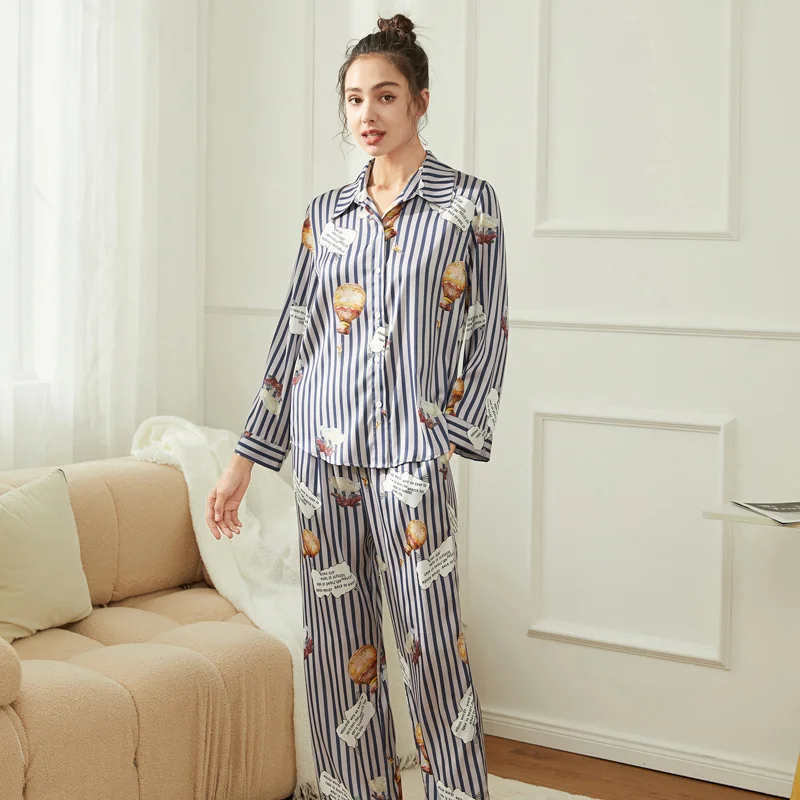 Ling 2 Pcs Sleep Lounge Striped Print Women's Pajamas Set Pajamas Long Sleeve Sleepwear Spring Summer Nightwear Pyjama for Women