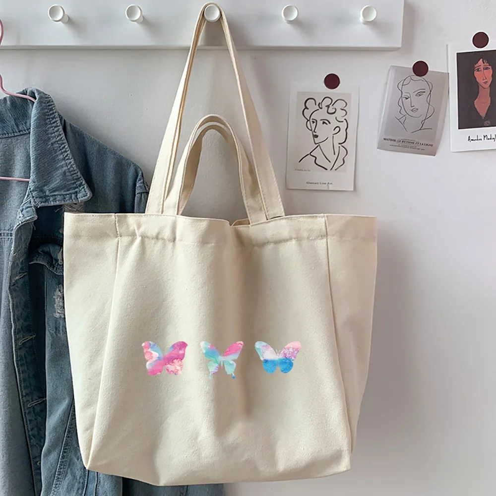 Shopping Bags Foldable Ladies Canvas Large Capacity Shoulder Bags Butterfly Printed Student Shopper Handbag Travel Totes Pouch