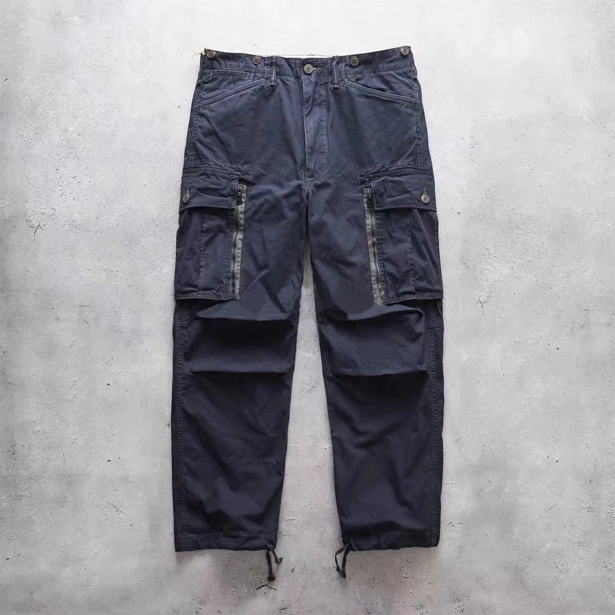 

24SS RRL Japanese Casual Pleated Retro Color Patchwork Pockets Wax Dyed and Washed Cargo Pants for Men