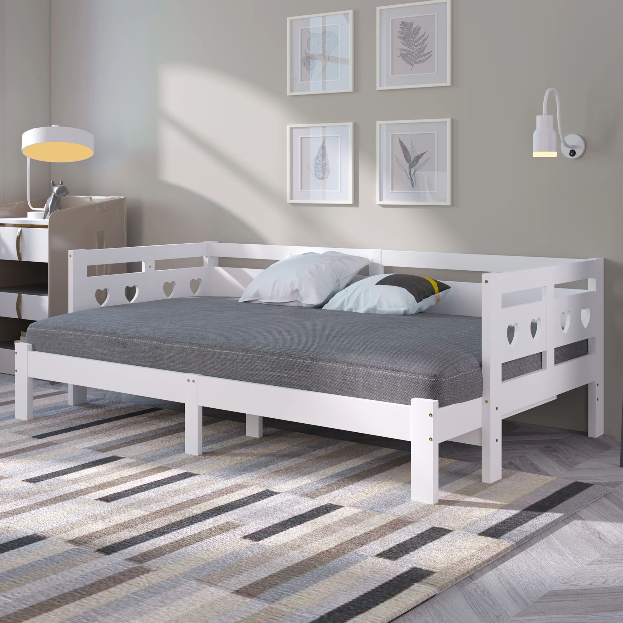 Tagesbett, ausziehbares Bett, aus massivem Kiefernholz, mit zweiter Schlafmöglichkeit und Lattenrost, herzförmiges Bett, weiß – Detail 24
