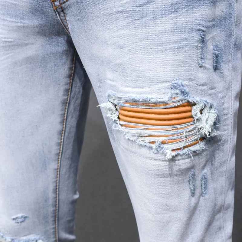 Street Fashion Men Jeans Retro Light Blue Elastic Skinny Fit Ripped Jeans Men Hole Leather Patched Designer Hip Hop Brand Pants