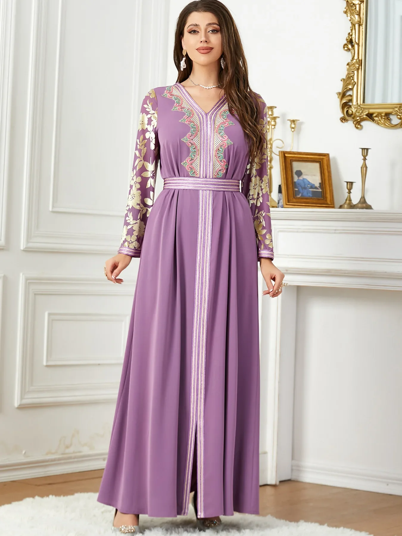 Elegant Muslim Party Dress for Women Abaya Embroidery Split Lace-up Morocco Evening Dress Kaftan Arabic Long Robe Vestidos 2023