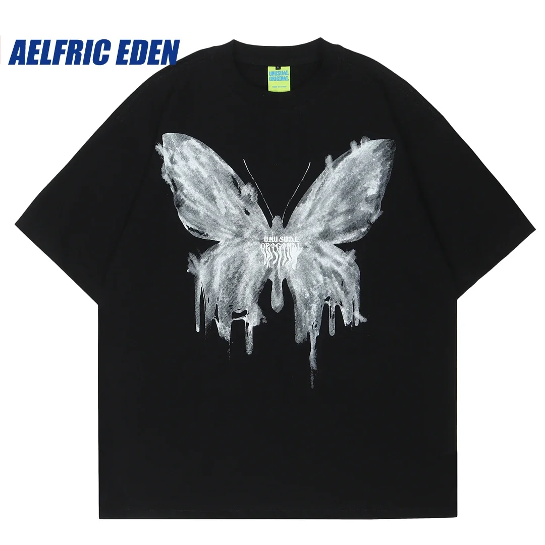 

Aelfric Eden Unisex Butterfly Print Tee Streetwear Harajuku Kanji Letter Print Tshirt Summer Short Sleeve Cotton Loose Tops Tees