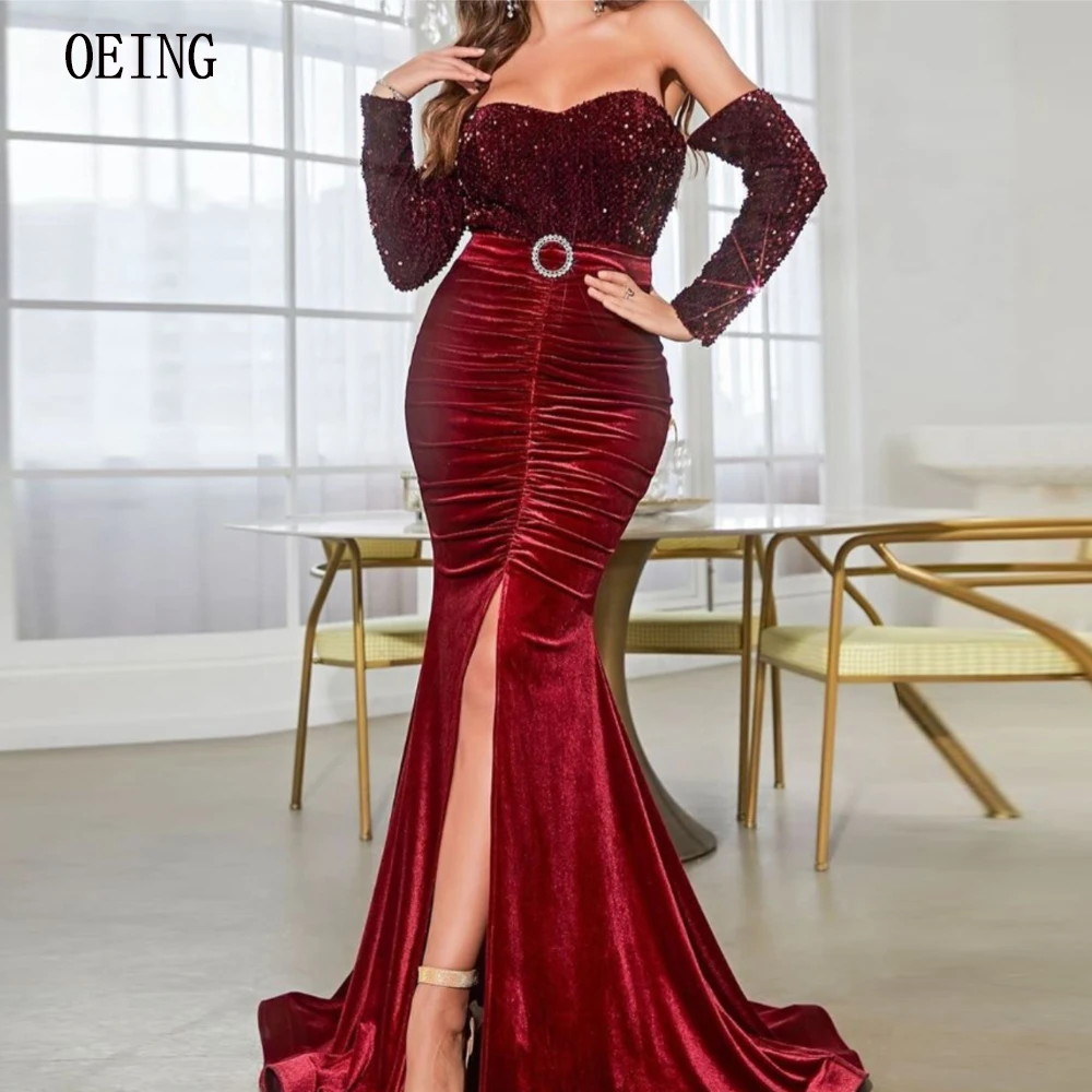 

OEING Sparkly Luxurious Gala Dress For Women Full Sleeves Velour Front Slit Mermaid Vestidos De Fiesta Floor Length Prom Dresses