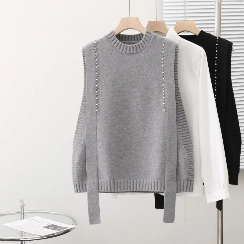 

Nail Bead Round Neck Knitted Sweater Tank Top for Women 2024 New Korean Fashion Loose Waistcoat Sleeveless Sweater Vest