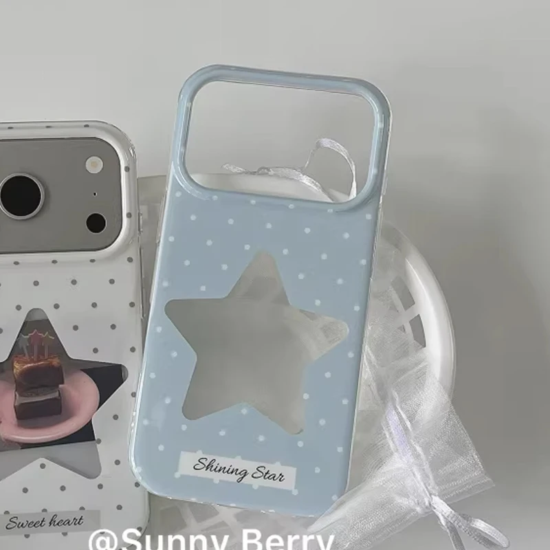 Korean Minimalist Blue & White Polka Dot Star Phone Case Cover