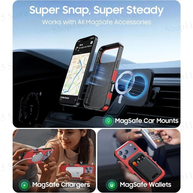 Rugged Shockproof Wireless Charging Case with Magnetic Car Holder Attachment