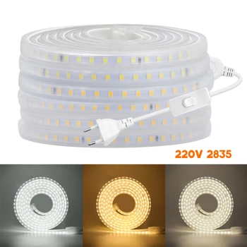 LED 스트립 방수 2835 120LED 스트립 조명, 스위치 포함, 고휘도 LED 스트립 조명, 따뜻한 흰색, 내추럴 흰색 리본, 로프 테이프, 220V