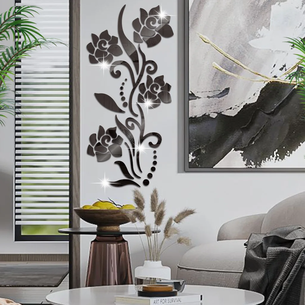 Rose Flower Acrylic Mirror Wall Stickers Living Room Bedroom Wall Decoration Home Decor