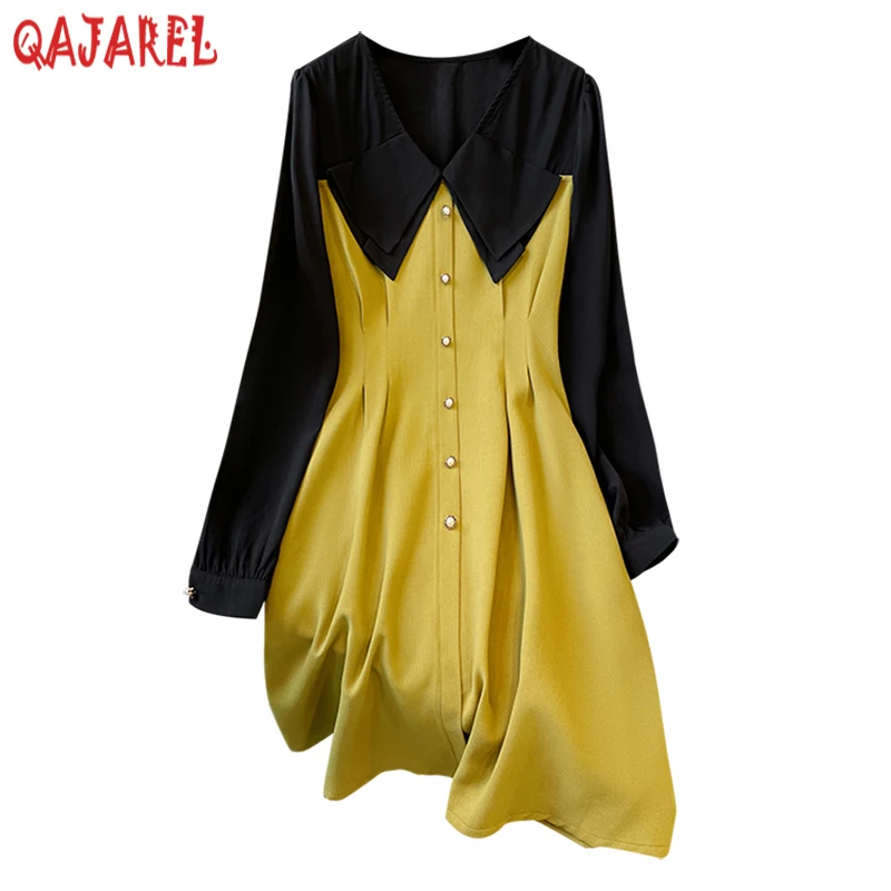 

Women Black Patchwork Long Sleeve Ruffled Collar Midi Dress Autumn Elegant Bodycon Dress 2024 Korean Vintage Hepburn Party Dress