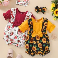 

3-24 Months Baby Girls Summer Romper Toddler Floral Printing Patchwork Fake Two Pieces Bodysuits Short Sleeve Jumpsuit Headwear