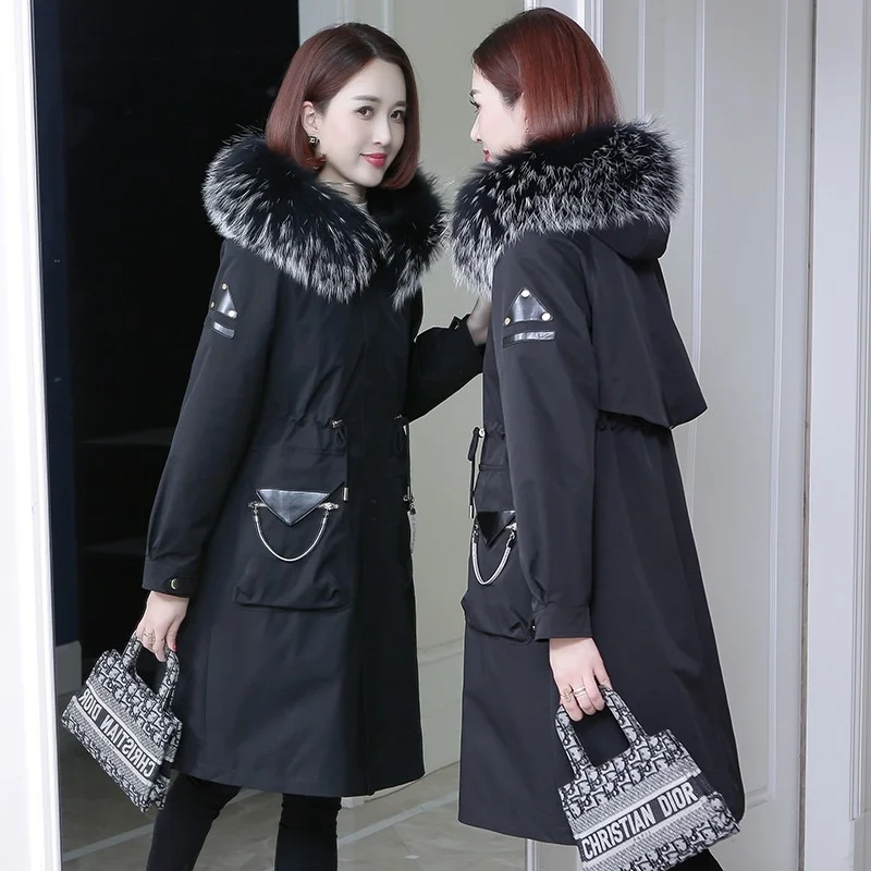 

Fur Coat Ladies Winter Raccoon Women Parkas Jacket Long Rex Rabbit Fur Liner Lady Elegent Outwear Casaco Inverno Feminino