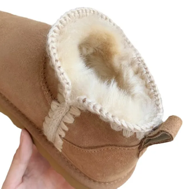 Tailor-Made Suits: Women's Short Tube Snow Boots, Winter New Style, Cowhide Leather and Thread with Hook Thickened and Warm