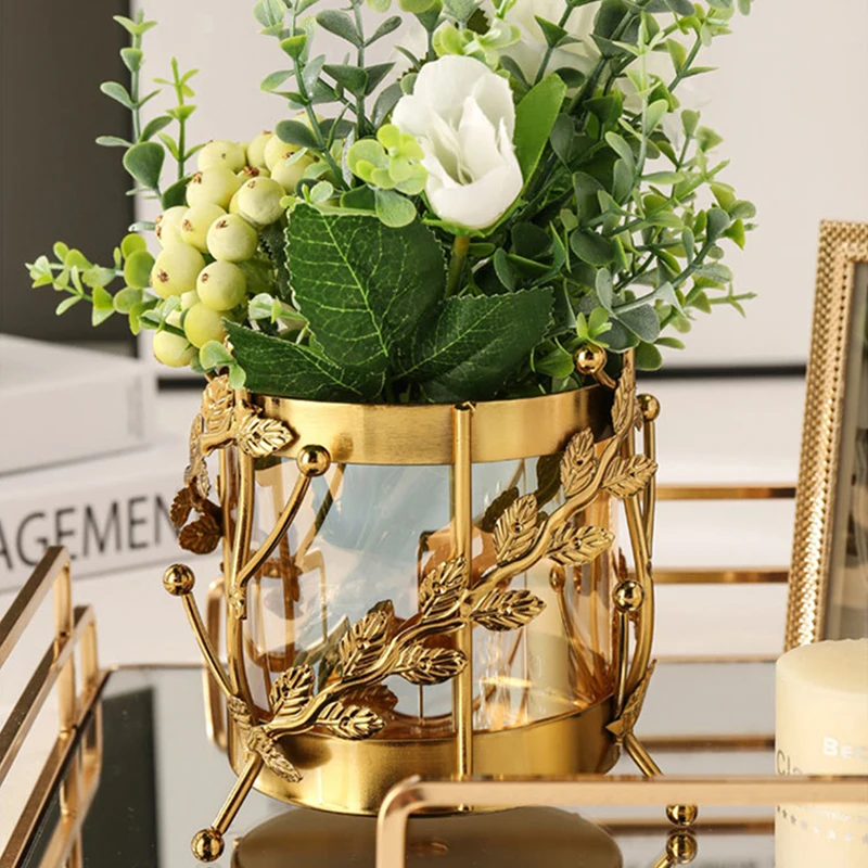 Luxury Metal Flower Vase, European Style, Glass Plant Pot, Wedding, Christmas, Living Room Dining Table Home Decoration Artwork 6