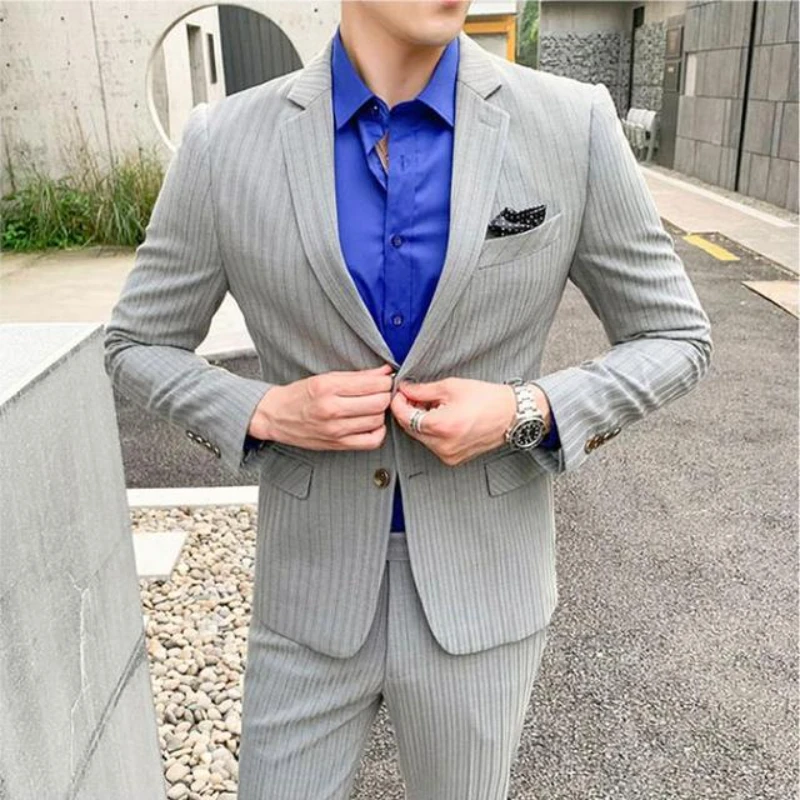 

Autumn New Men's Slim British Wedding Vertical Stripes Blazer / Male Three piece Suit Coat Vest Pants Trousers Waistcoat