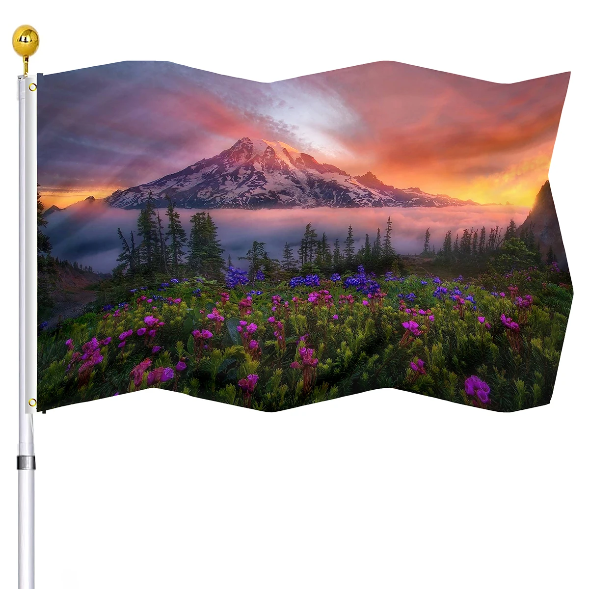 

Snow Mountain Flag Landscape with Spring Summer Blue Pink Flowers Sunset Flags Banners with Brass Grommets Indoor Outdoor Decor
